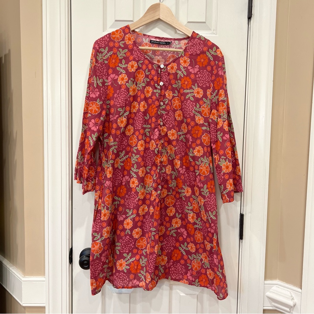 GUDRUN SJODEN Floral Tunic Dress in Magenta, Orange and Pink Large with Pockets